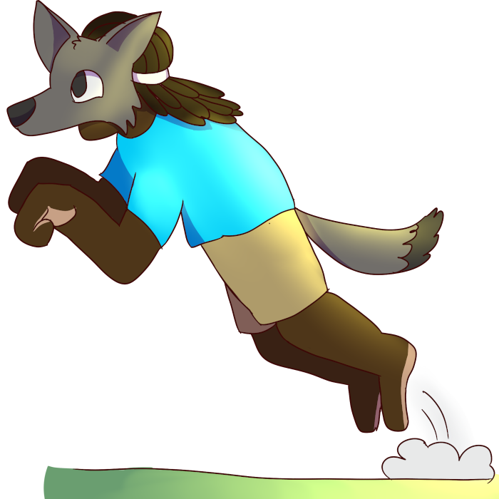 image of a black quadrobist wearing a wolf mask and tail, blue shirt and khaki shorts jumping off the ground